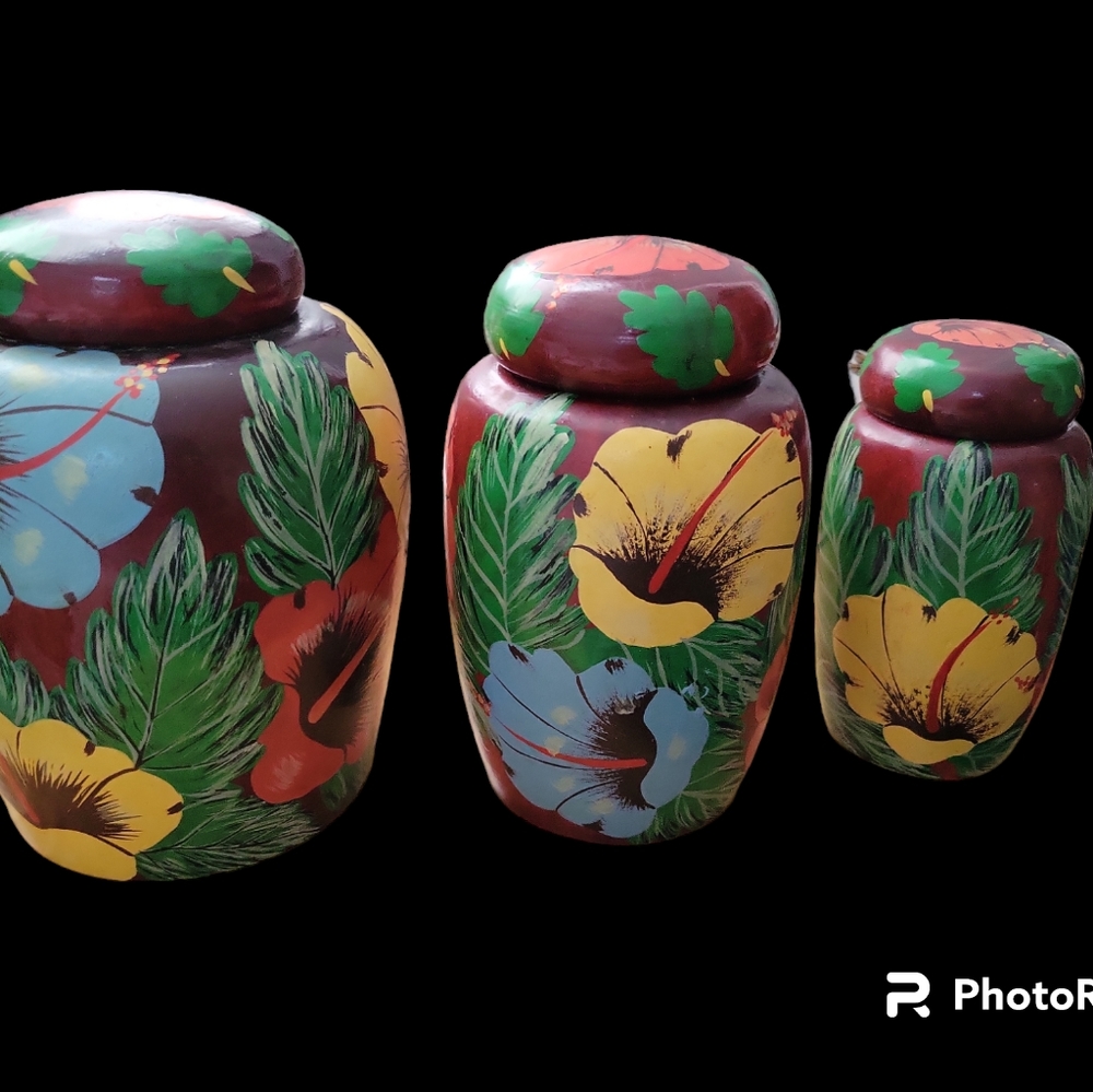 Floral Wood Ginger Jar/ Canister Hand Painted  Folk Art Containers